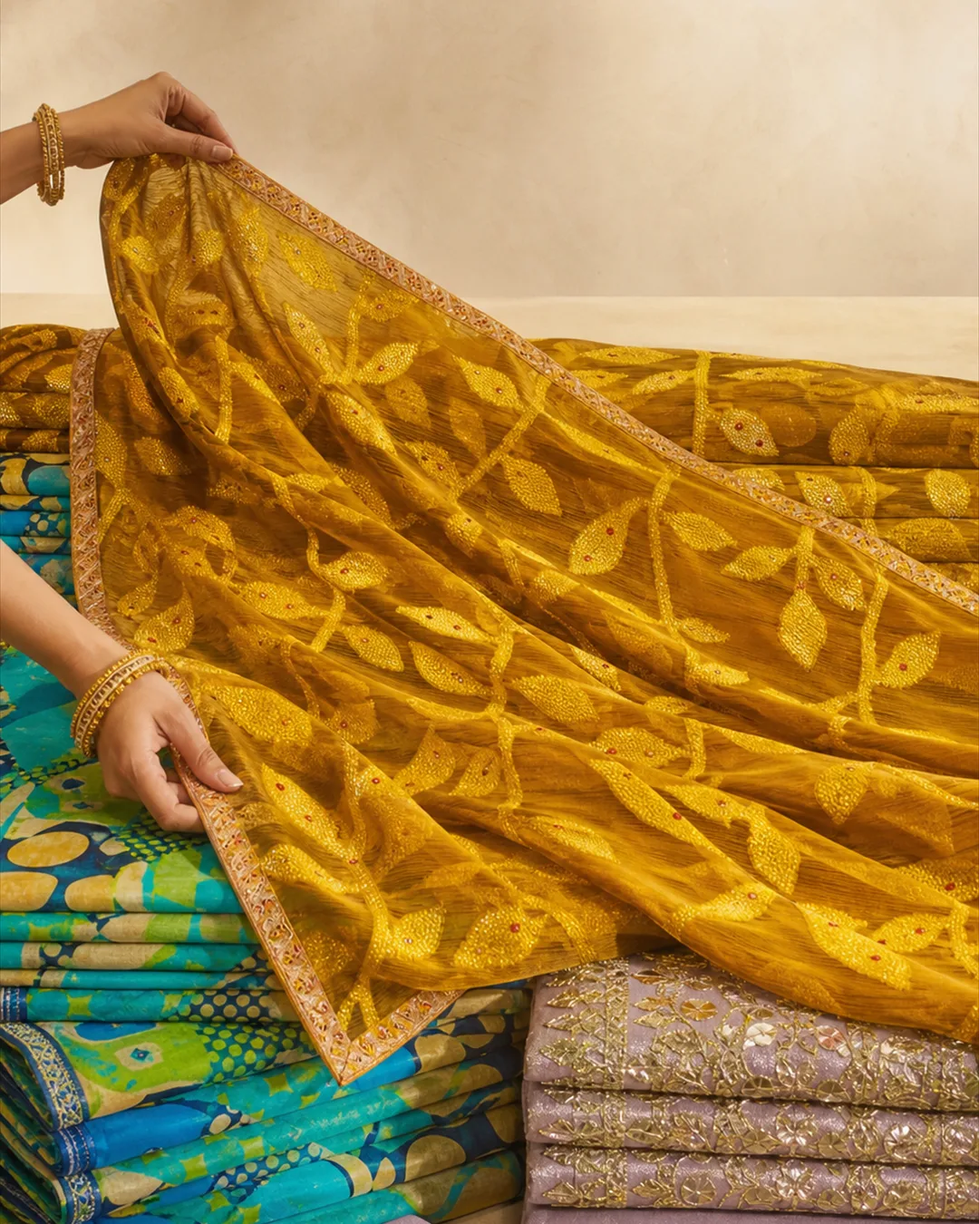 Silk sarees presented at the Wonder Bazar wholesale counter